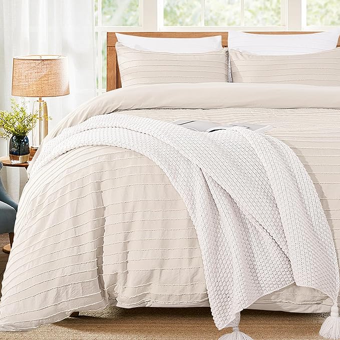 NEXHOME PRO California King Duvet Cover, Light Khaki 3 Pieces Boho Tufted Duvet Cover Set, Soft and Lightweight Microfiber Comforter Cover Set (Light Khaki Cal King, 104 x 98)-No Comforter