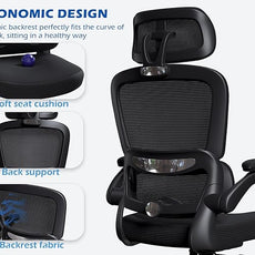 TRALT Ergonomic Office Chair - Desk Chair with Adjustable Headrest Lumbar Support Computer Chair - Mesh Comfy Chair with Flip-up Armrests - Gaming Chairs for Adults Home Office (Leather, Black)