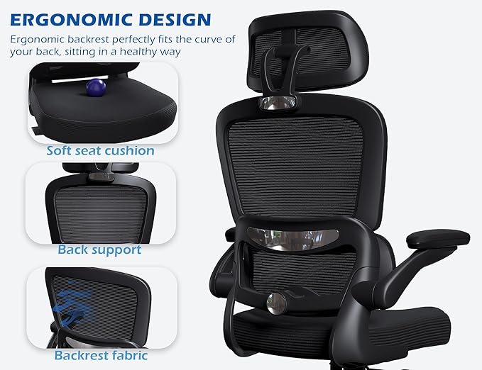 TRALT Ergonomic Office Chair - Desk Chair with Adjustable Headrest Lumbar Support Computer Chair - Mesh Comfy Chair with Flip-up Armrests - Gaming Chairs for Adults Home Office (Leather, Black)