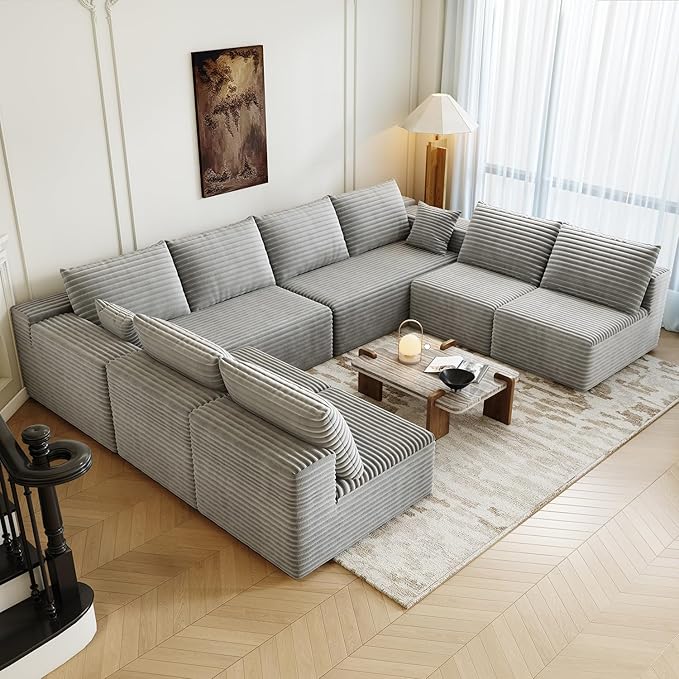 139.4" Modular Sectional Sofa Couch, Oversized U-Shaped Minimalist Couches with 4 Middle Seats Chaise, Modern Deep Seat Cloud Plush Corduroy Sofas Set for Living Room, 8 Seater, Grey