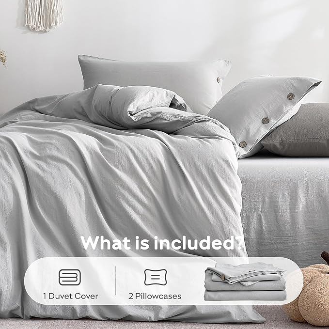 JELLYMONI 100% Washed Cotton Duvet Cover Queen – Soft, Breathable Linen-Look Bedding with Natural Wrinkle Texture, Button Closure, 3-Piece Set (Pale Grey, 90"x90")