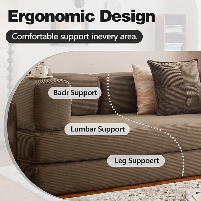 78.8" Convertible Sofa Bed -Compression Sofa with Corduroy Fabric - with Armrests and Backrest - Modular Sectional for Living Room, Bedroom, Studio - Compression Sofa in Box (Brown)