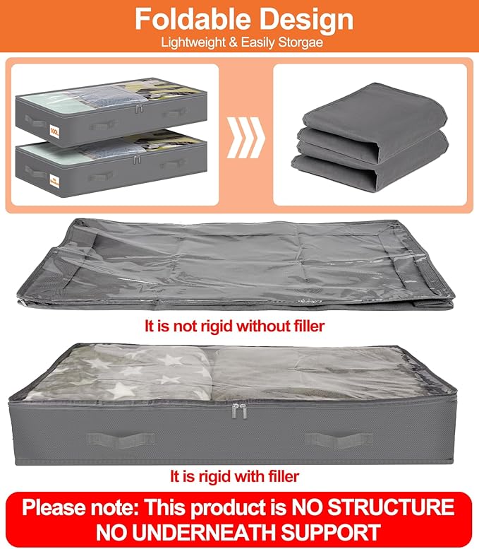 punemi Under Bed Storage Containers, 4 Pack Large Soft Foldable Storage Bags with Clear Top for Blankets, Comforters, Sheets, Wrapping Paper, Water-Resistant Inner Layer, 20x40x7.5 in, Gray