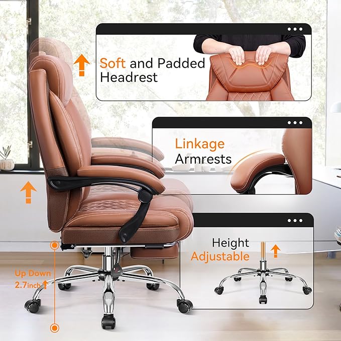 Office Chair, Executive Leather Chair Adjustable High Back, Ergonomic Computer Desk Chair Lumbar Support, Big and Tall Office Chair with Footrest, Comfy Reclining Chair for Home Office