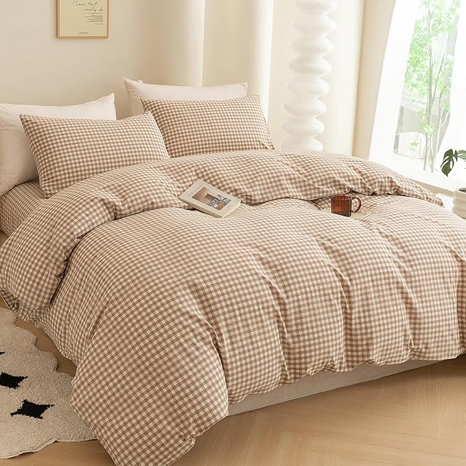 ECOCOTT Gingham Duvet Cover Queen Size 100% Washed Cotton Like Linen Feel Super Soft & Comfy Bedding Set Modern Checkered Design for All Seasons