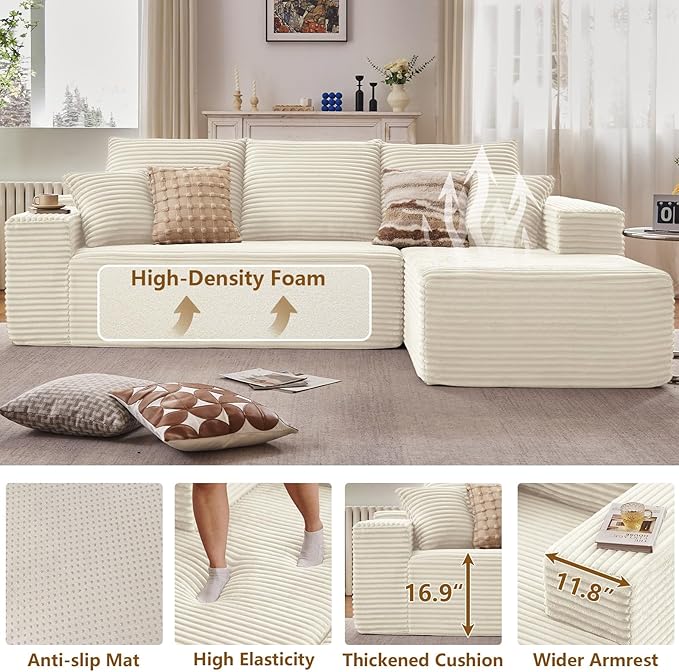 107" Cloud Sectional Couch with L-Shape Chaise, Modern Modular Comfy Sofa Chaise Longue, Upholstered Corduroy Couches Sleeper with Deep Seat for Living Room Bedroom, No Assembly Required, White