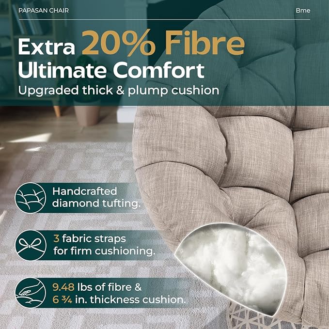 Bme 40" Ergonomic Wicker Papasan Chair with Soft Thick Density Fabric Cushion, High Capacity Steel Frame, 360 Degree Swivel for Living, Bedroom, Reading Room, Lounge