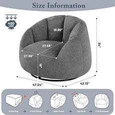 Swivel Giant Bean Bag Chair for Adults - Comfy Plush Round Shell Soft Accent Beanbag Chair, Oversized Cozy Floor Sofa Reading Chair for Living Room, Bedroom & Game Rooms, Gray