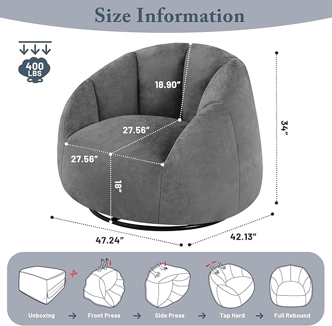 Swivel Giant Bean Bag Chair for Adults - Comfy Plush Round Shell Soft Accent Beanbag Chair, Oversized Cozy Floor Sofa Reading Chair for Living Room, Bedroom & Game Rooms, Gray