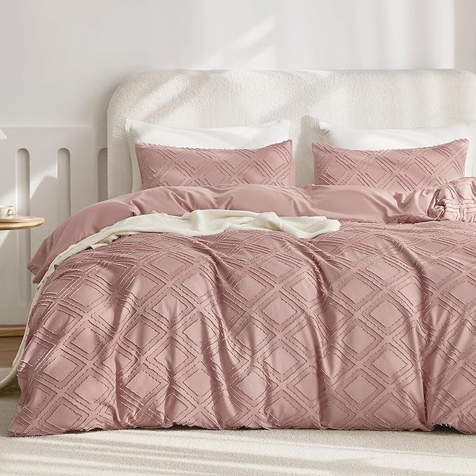 JELLYMONI Duvet Cover King Size Smokey Pink - 3PCS Boho Duvet Cover Set Plaid Polyester Tufted Bohemian Jacquard Knit Textured Comforter Cover 104×90in Rhombic Geometric Pattern Zipper Corner Tie