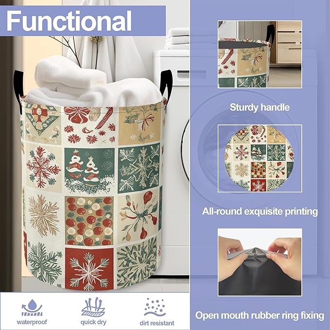Christmas Laundry Basket-Large Foldable Hamper Holder Portable Tall Collapsible Laundry Hamper Storage Basket Bin with Handles, Canvas & Waterproof lining for Household Items