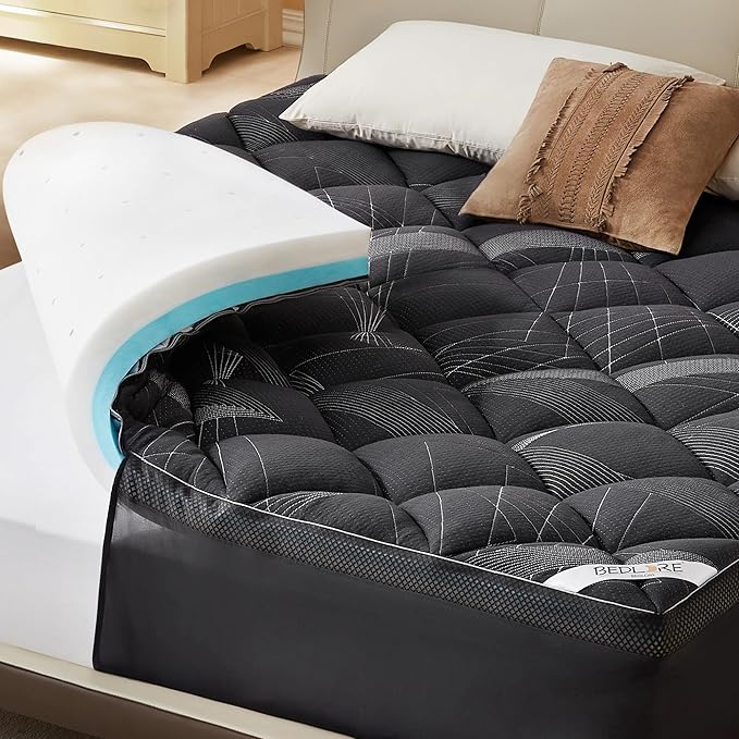 Bedlore 4-Inch King Mattress Topper for Back Pain - Dual Layer Medium Support (2" Gel Memory Foam + 2" Cooling Fluffy Pillow Top Pad), Breathable & Pressure Relief (Gray)