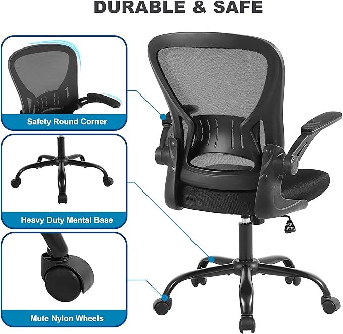 Youhauchair Mesh Office Chair, Ergonomic Home Office Desk Chairs with Flip-up Arms and Lumbar Support, Height Adjustable, Black