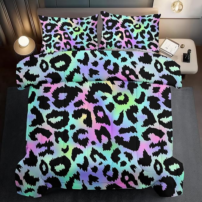 Rainbow Leopard Print Comforter Set Full Girls Colorful Cheetah Comforter Full Animal Leopard Print Bedding Set Women Purple Cheetah Bedding Quilt Bedroom Decor