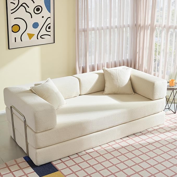 YINIX Foldable Sofa Bed, 78'' Folding Floor Couch, Compressed Convertable Sleeper Sofa, Memory Foam Couch with Pillow Back Support Armrest, 4-in-1 Futon Sofa Bed for Living Room, White