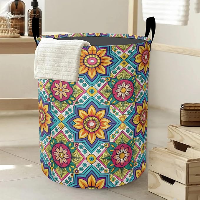 Laundry Basket,Retro Mandala Large Canvas Fabric Lightweight Storage Hamper Organizer Dirty Clothes Collapsible Waterproof for College Dorms,Bathroom