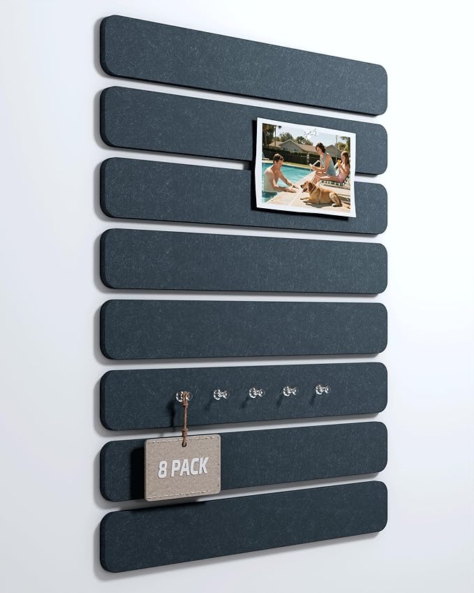 Cork Board Alternative Felt Strip Board 8-Pack 13"x2", Office Pin Board with 50 Push Pins, Adhesive Install for Bedroom Door & Home Office(Deep Charcoal Blue)
