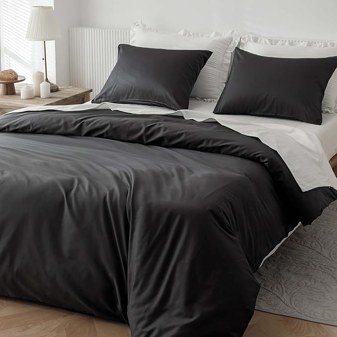 HeimenAogo Egyptian Cotton Duvet Cover Twin/Twin XL Sateen Weave, Silky Soft and Breathable Bedding Set with Zipper Closure, Long Staple Cotton Bed Linen Moonless Night Black 2Pcs (68"×90")
