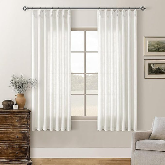 Beige White Pinch Pleated Linen Curtains 63 Inch Length 2 Panels for Dining Room Kitchen Bedroom Semi Sheer Pleat Drapes with Hooks Rings Light Filtering Short Window Curtain Cabinet 40x63