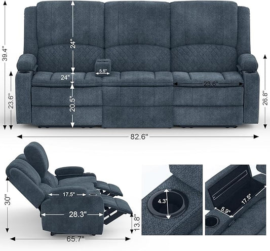 Recliner Sofa, 3 Seater Manual Reclining Sofa with 2-Tier Cushion, Reclining Couches for Living Room with Removable Console, Hidden Storage Space, Cup Holders - Blue
