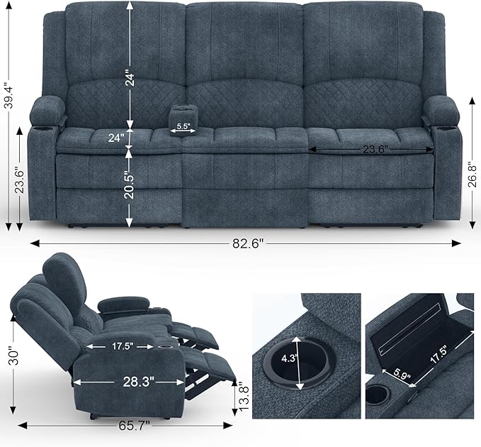3-Seater Recliner Sofa, Manual Reclining Couch with Multi-Functional Middle Seat, Reclining Sofa for Living Room with Hidden Storage Space, Cup Holders, and Removable Console