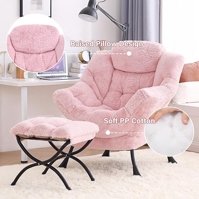 Tiita Lazy Chair with Ottoman, Modern Large Accent Lounge Armchair, Comfy Leisure Sofa Reading Chair with Footrest for Bedroom, Living Room, Dorm Rooms, Garden and Courtyard, Plush Pink