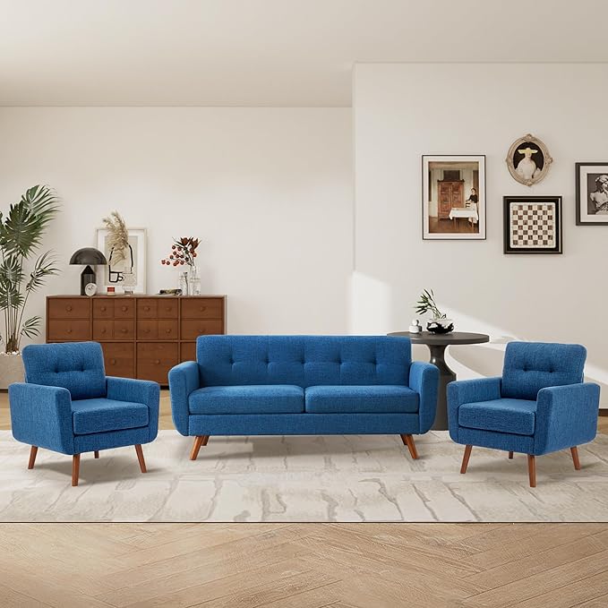 Tbfit Linen Fabric Single Sofa, Accent Chair, Mid Century Modern Armchair for Living Room, Bedroom Button Tufted Upholstered Comfy Reading Sofas, Blue