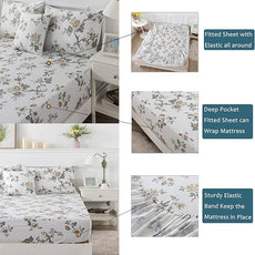 FADFAY Elegant Floral Bedding Shabby Beige Bird Print Flower Bed Sheet Set Vintage Farmhouse 100% Cotton Ultra Soft Girls Bedding with Deep Pocket Fitted Sheet 4Pcs, Twin Size