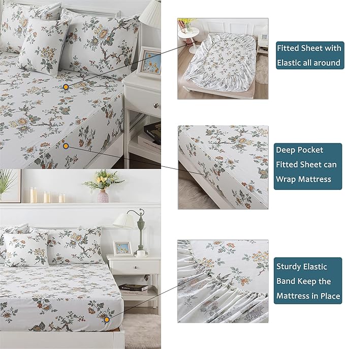 FADFAY Elegant Floral Bedding Set - Shabby Beige Bird Print Flower Sheet Set, Vintage Farmhouse Style, 100% Cotton Ultra Soft Bed Sheet with Deep Pocket Fitted Sheet, Queen Size, 4Pcs