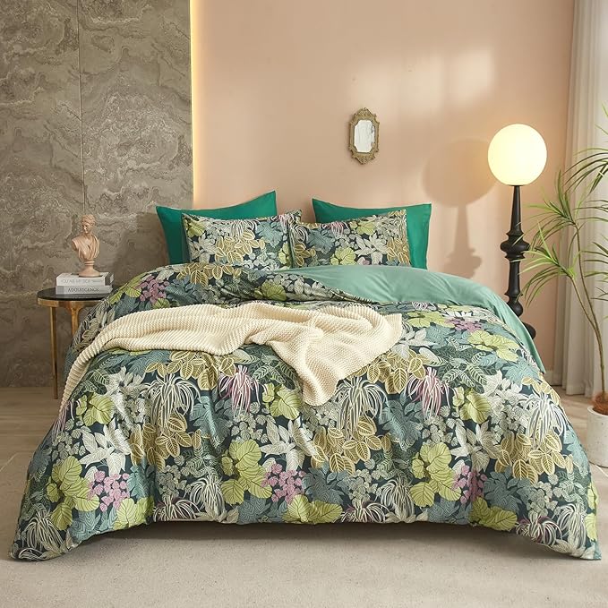 HighBuy Tropical Green Duvet Cover Queen Size Soft Cotton Leaves Bedding Set Queen Vintage Boho Flower Comforter Cover Garden Style Duvet Cover for Kids Girls with 2 Pillowcases Queen Bedding Sets