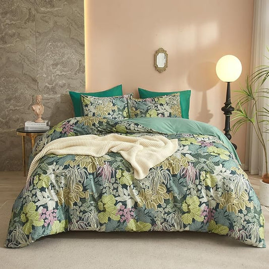 HighBuy Tropical Green Duvet Cover Queen Size Soft Cotton Leaves Bedding Set Queen Vintage Boho Flower Comforter Cover Garden Style Duvet Cover for Kids Girls with 2 Pillowcases Queen Bedding Sets