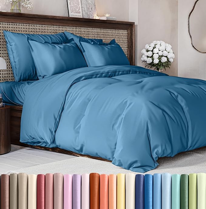 CGK Unlimited Duvet Cover Queen Size Set - Extra Soft Queen Size Duvet Cover 90 x 90 with 2 Pillow Shams - Hotel Quality w/Zipper Closures & Ties - Bedding and Bed Linens Set (Denim Blue)