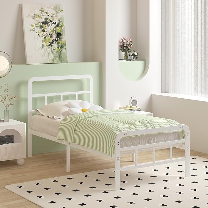 14 Inch White Twin XL Bed Frames with Headboard and Footboard, Heavy Duty Bed Frame Twin XL with Underneath Storage, No Box Spring Needed, Easy Assembly