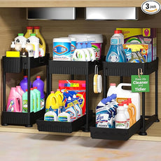 3 Pack Under Sink Organizers, 2-Tier Multi-Use Kitchen and Bathroom Organizers and Storage with Sliding Drawers，Bathroom Cabinet Organizer (Black, 12.8 Inch)