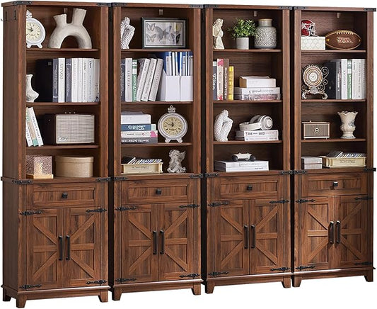 72in Tall Bookshelf 7 Tier Bookcase with Drawer and Barn Doors and Adjustable Shelves, Brown Farmhouse Book Shelf with Storage Cabinet, Wood Freestanding Display Bookshelves for Kitchen (4PCS)