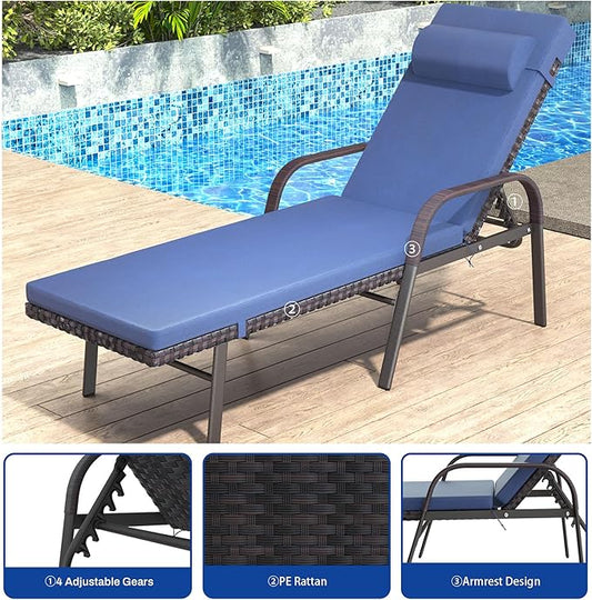 Patio Chaise Lounge Set 3 Pieces Pool Lounge Chairs,Cushioned Outdoor Folding Lounge Chair w/Arm and Rattan Adjustable Backrest for Poolside Porch,Folding Table Included,NavyBlue