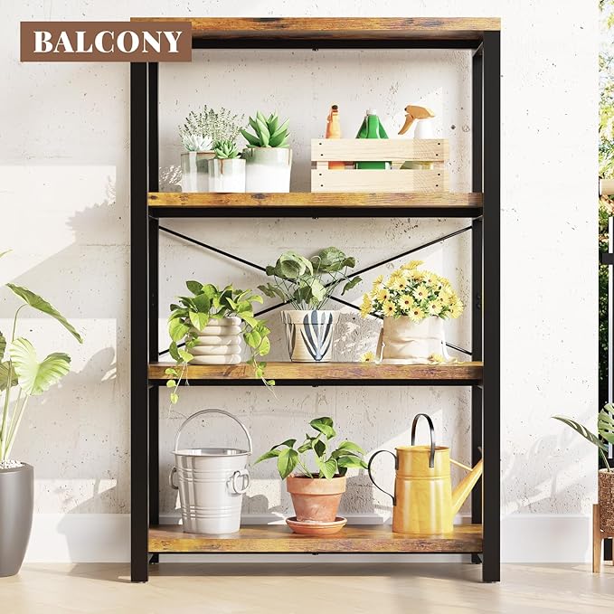 4-Tier Adjustable Heavy Duty Bookshelf, Industrial Wooden Open Storage Rack with Black Metal Frame, Vintage Bookcase with Lock Wall Design, Rustic Brown