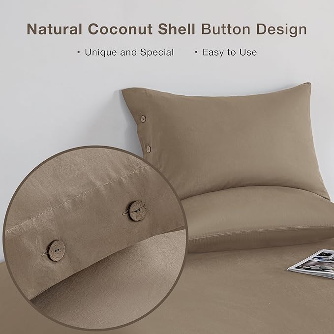 JELLYMONI Pillowcases Standard Set of 2 Cotton Button Pillow Covers 20×26in Khaki Bed Pillow Cases 100% Washed Cotton Soft Breathable (Pillows are not Included)