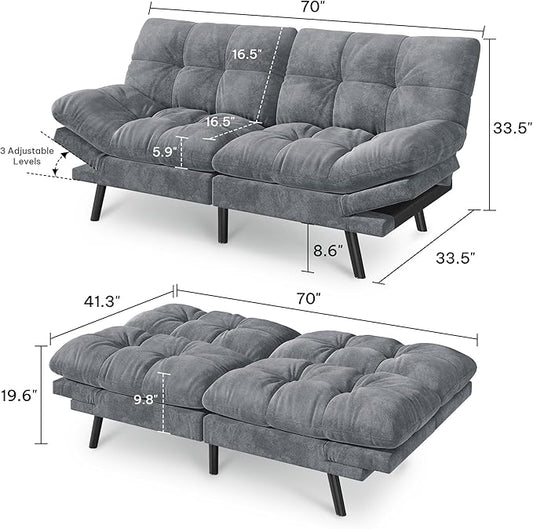 YITAHOME 70″ Convertible Futon Sofa Bed, Cat-Scratch-Proof Fabric Futon Couch with Adjustable Backrest and Armrest, Modern Loveseat Sleeper for Living Room Home Office, Dark Grey