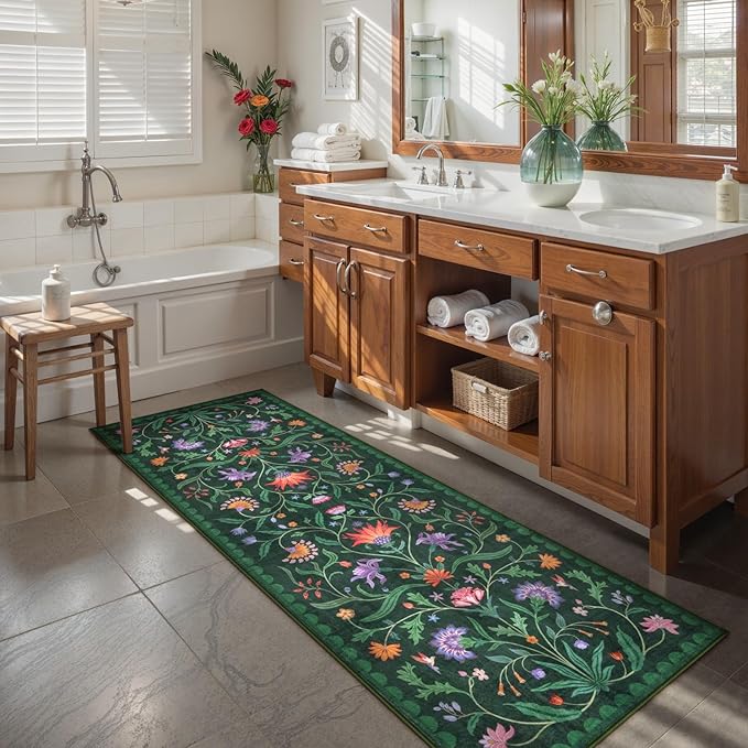 Lahome Boho Floral 2'6"x8' Washable Runners for Hallways, Kitchen Runner Rugs Non Skid Ultra-Thin, Soft Bathroom Rug Throw Carpet Runners for Bedroom Laundry Room (Forest Green,2'6"x8ft)