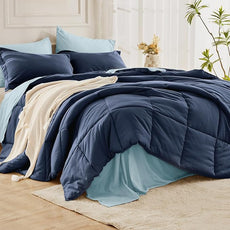 JOLLYVOGUE Queen Comforter Set, Ultra-Soft Bed in a Bag Queen Size 7 Pieces, Oeko-TEX Certified Bedding Set with Down Alternative Comforter, Sheets, Pillowcases & Shams, Navy & Light Blue