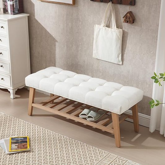 Entryway Shoe Bench Storage Benches with Upholstered Button Tufted Seat and Open Slatted Shelf Linen Shoe Rack for Hallway Living Room Bedroom End of Bed, Beige