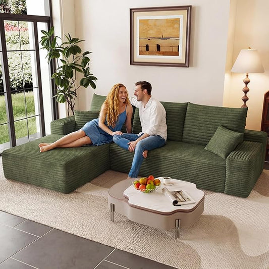 95" Modular Sectional Couch, Boneless L Shaped Cloud Sofa with Chaise Lounge, Corduroy Upholstered Couches Memory Foam Deep Seat, No Assembly Required, Ideal for Living Room(Green, Left Facing)