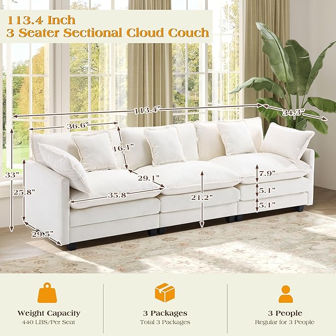 113.4" Modular Sectional Sofa,Cloud Couch for Living Room, Modern Deep Seat Sofa 3 Seater Chenille Fabric Comfy Couches with Throw Pillows for Apartment