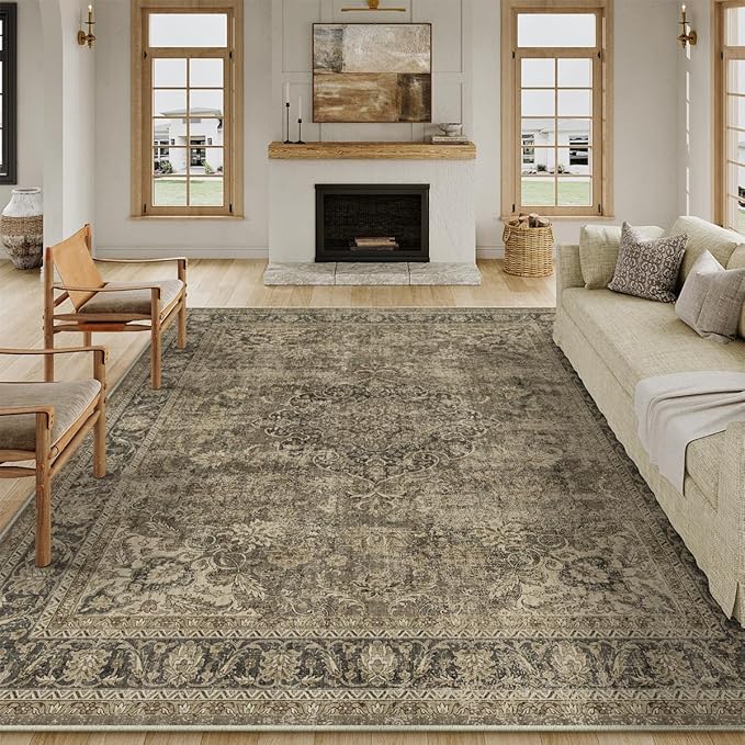 8x10 Washable Brown Area Rug Vintage Living Room Bedroom Carpet Non-Slip Soft Low Pile Distressed Indoor Large Throw Rug for Dining Room Office