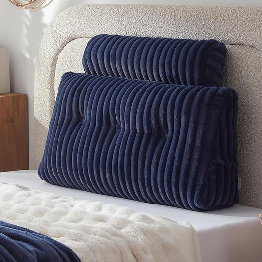 Headboard Pillow + A Long Neck Roll Pillow Body Pillow，Faux Fur Headboard Wedge Pillow with Removable Cover (Blue, Twin：39x8x20 inches)