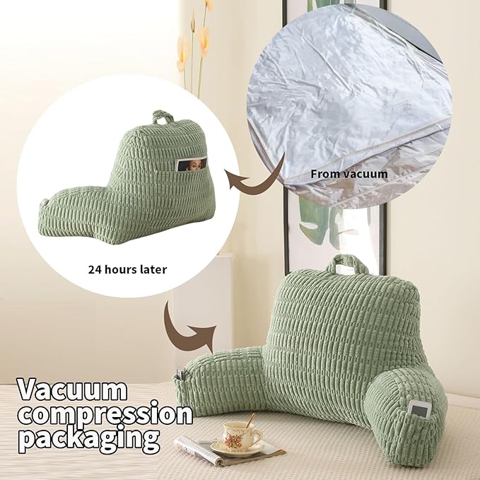 Reading Pillow for Sitting in Bed, Large Backrest Reading Pillow with Arm Rest,Back-Rest Support Cushion for Sit Up on Couch, Sofa, and Floor, Dorm Essentials (Green Corduroy, Standard(17"))