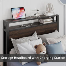 LIKIMIO Twin XL Bed Frames with Drawer, Storage Headboard with Outlets, No Box Spring Needed, Easy Assembly, Dark Brown