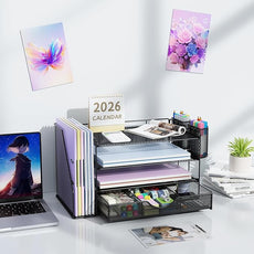 gianotter Desk Organizers and Accessories with File Holder, 4-Tier Desk Accessories & Workspace Organizers with Drawer and 2 Pen Holder, Paper Organizer for Office Supplies (Black)