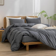 BESTOUCH Duvet Cover Set 100% Washed Cotton Linen Feel Super Soft Comfortable Chic Lightweight 3 PCs Home Bedding Set Solid Dark Black Oversized Full